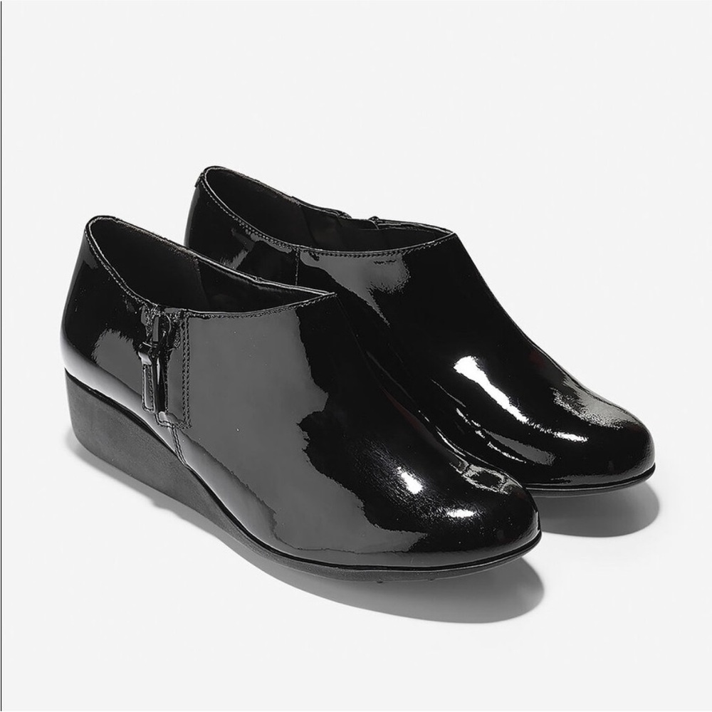 Cole Haan Black Patent Leather Low Wedge Loafers